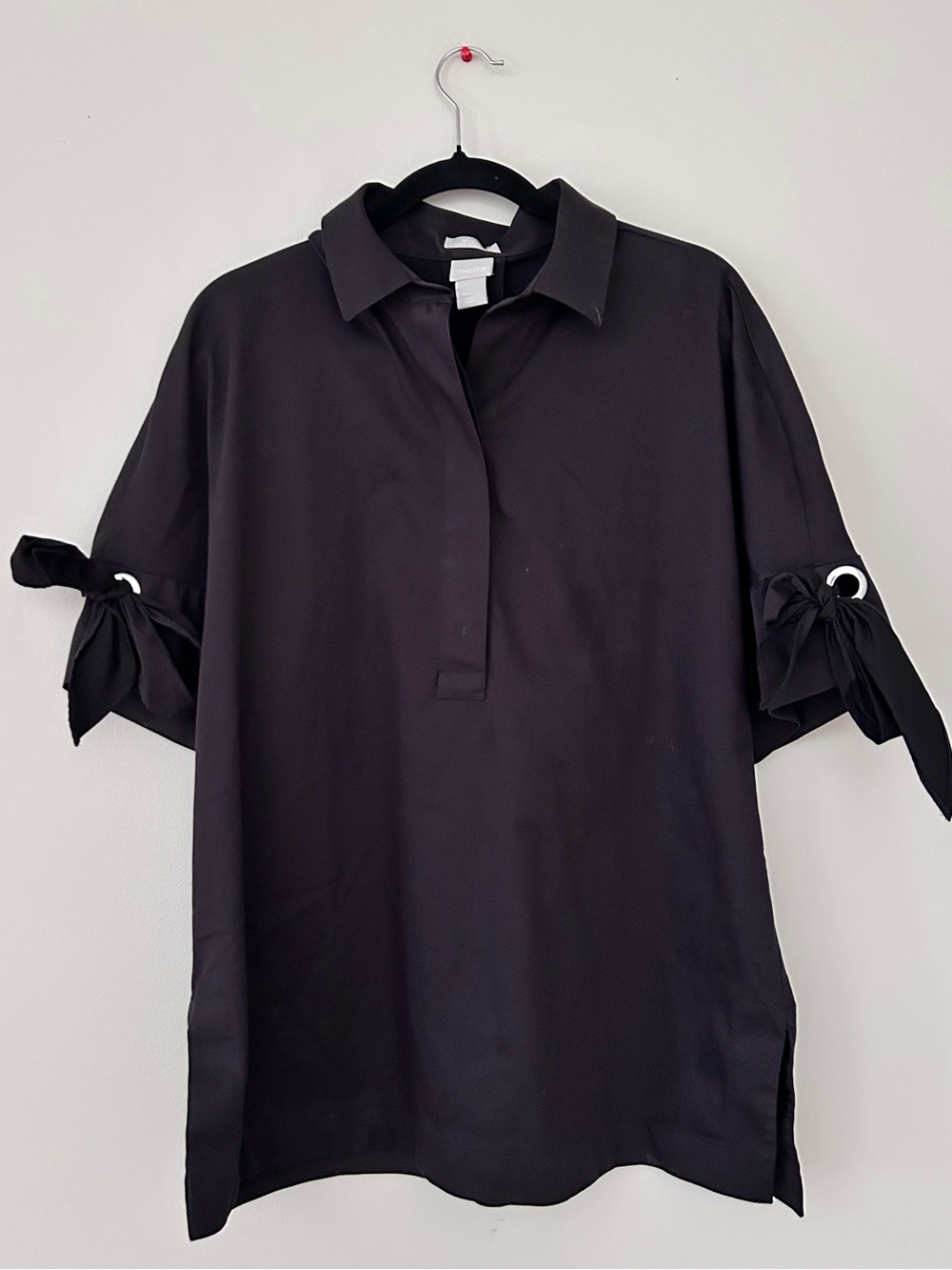 Chico's Black Collared Tunic with Tie-Sleeve Grommet Detail
